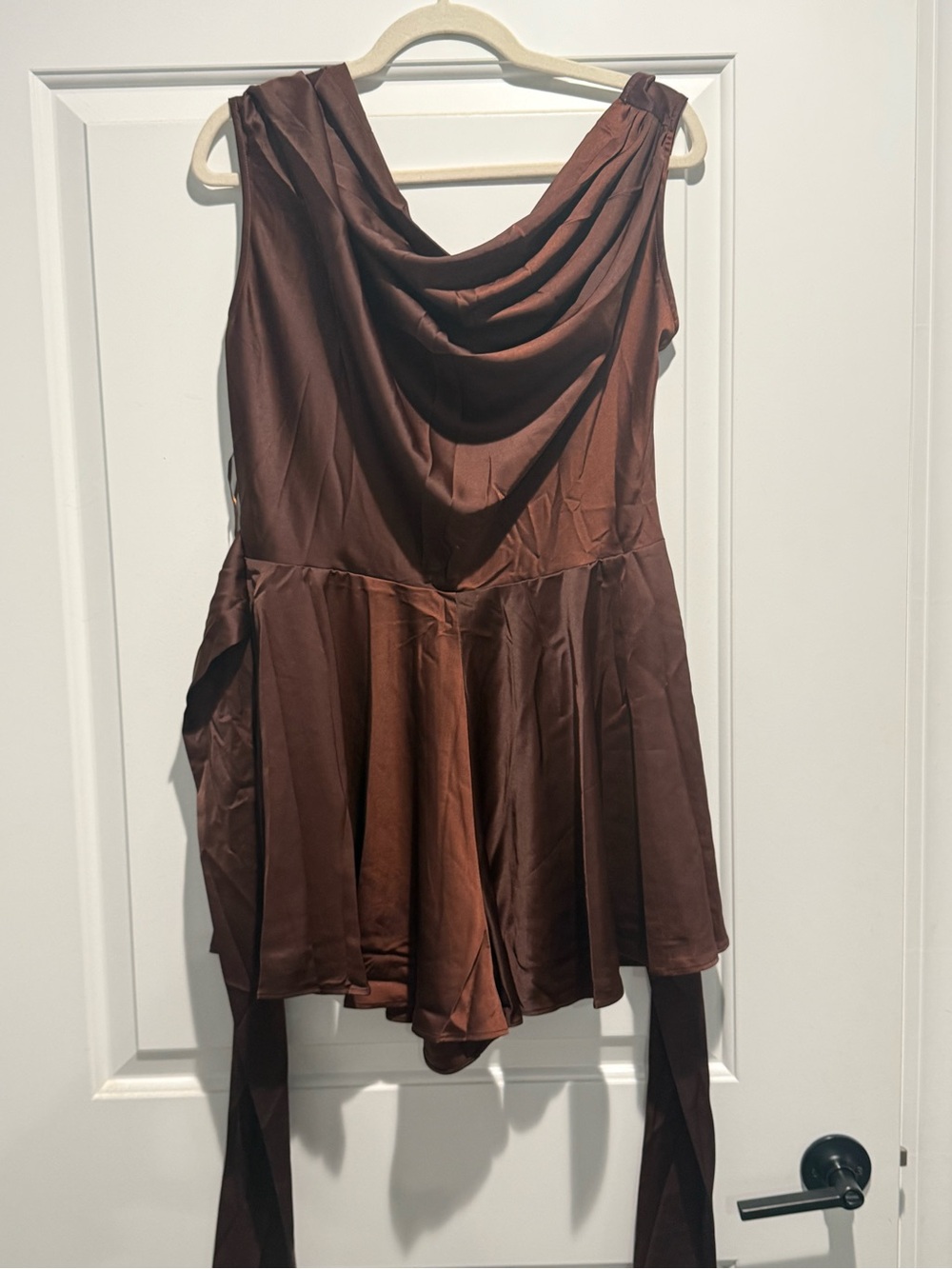Vici Brown Satin Romper Jumpsuit with Draped Neckline